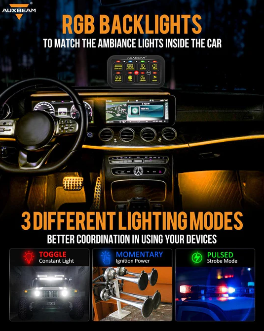 RGB Series 8 Gang (RB80) Switch Panel, Toggle/ Momentary/ Pulsed Mode Supported (Two-Sided Outlet)