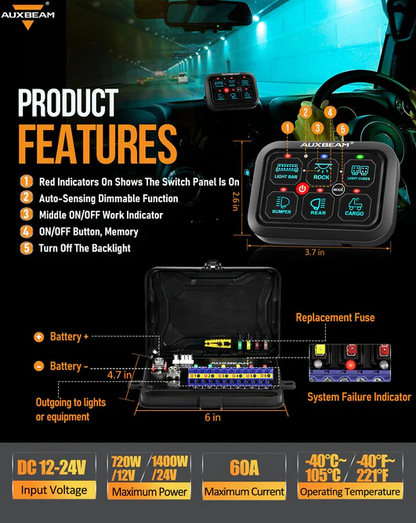RGB Series 6 Gang (RA60) Switch Panel, Toggle/ Momentary/ Pulsed Mode Supported (One-Sided Outlet)