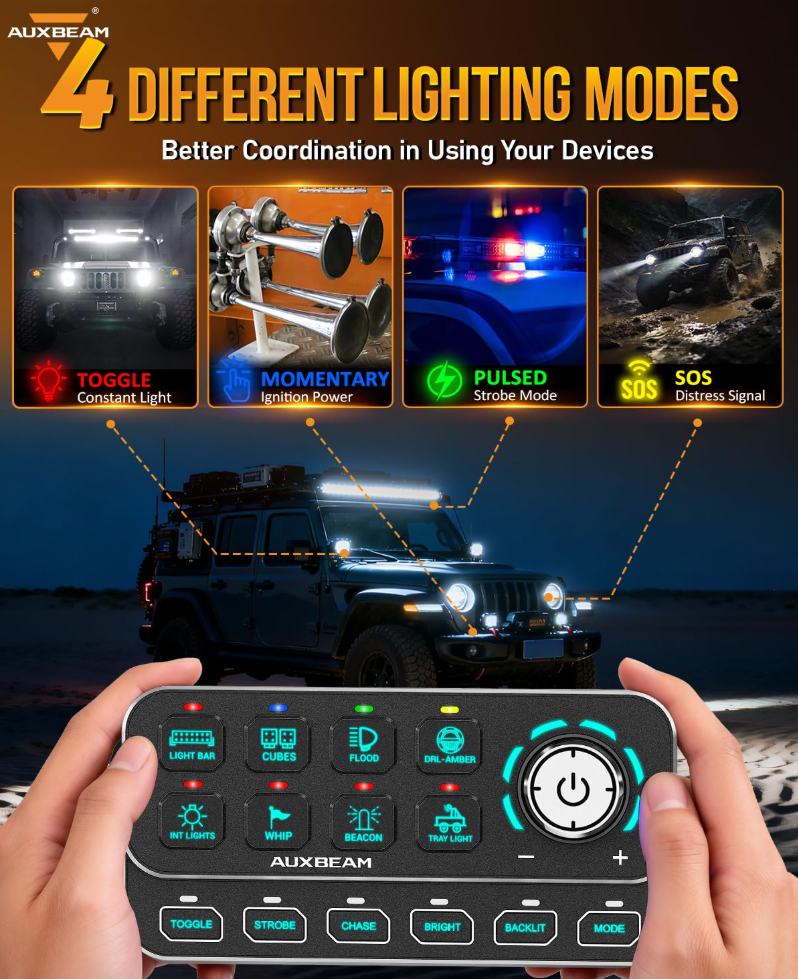 KS-80 Knob RGB Switch Panel MAX 120A ,Light Dimming, Dynamic Chase, Four External Triggers, 4 Modes